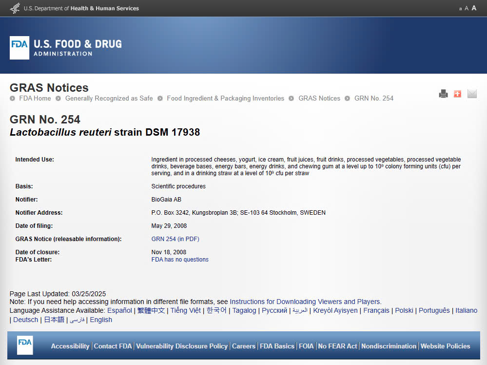 Chứng nhận an toàn GRAS của chủng L.reuteri DSM 17938